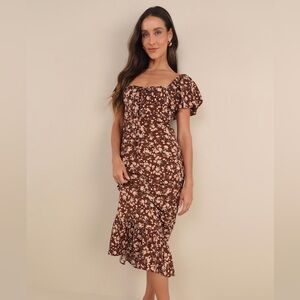 NWT Lulus Remarkably Flourishing Brown Floral Puff Sleeve Milkmaid Midi Dress
